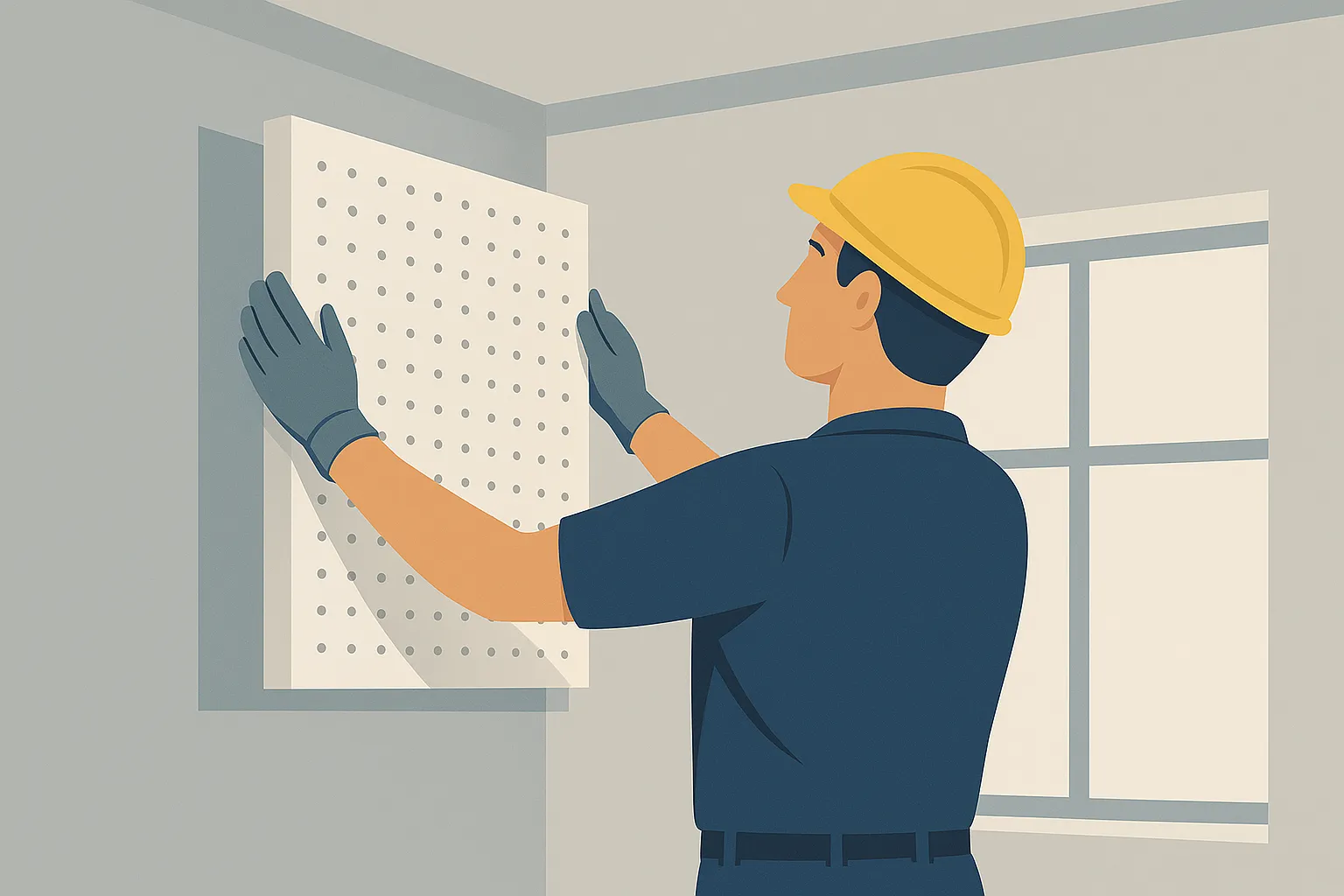 Montage eines Wandabsorbers zur Schallreduktion – Akustikbau Illustration von Trockenbau Plus